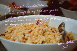 A bowl of rice with a message from Devi written and overlayed on top of image.